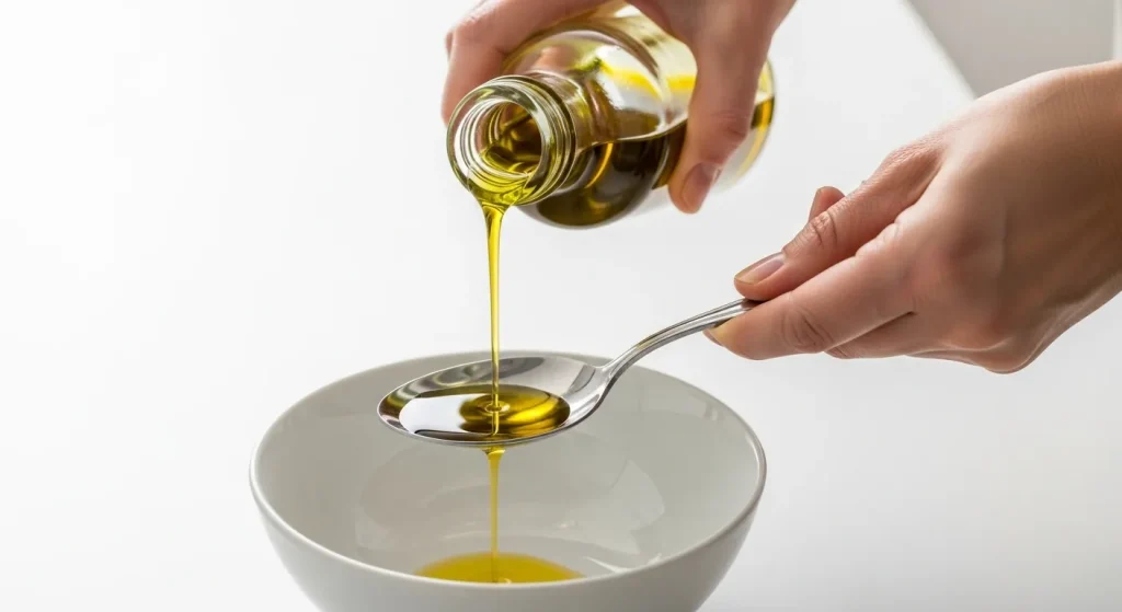 Mesurer une quantité d'huile avec une cuillère à soupe