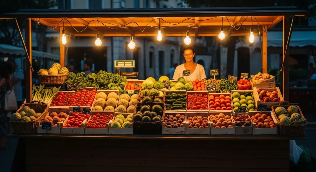 Vendeur de fruits et légumes à la nuit tombée