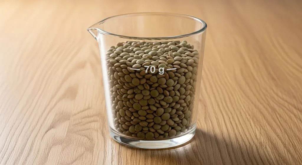 Verre contenant 70 grammes de lentilles vertes