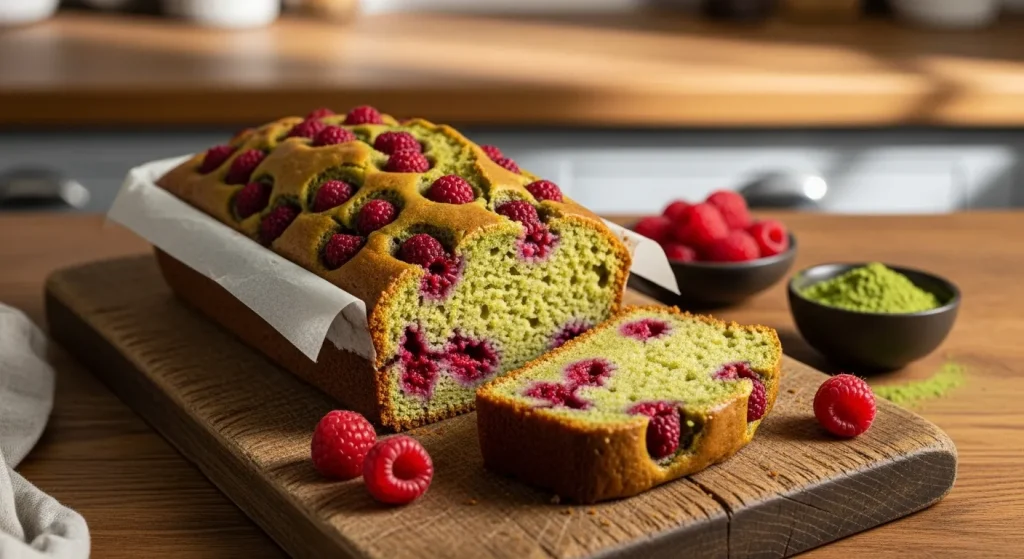 Cake au thé matcha et framboises