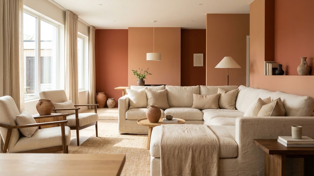 Murs terracotta et mobilier beige