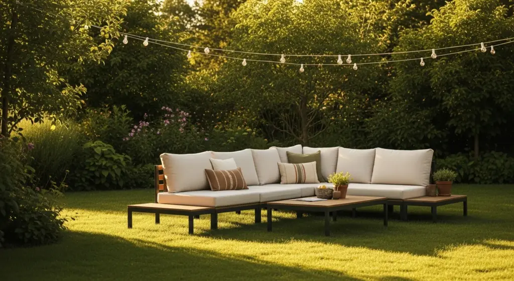 Canapé dans un grand jardin avec une guirlande pour l'éclairage