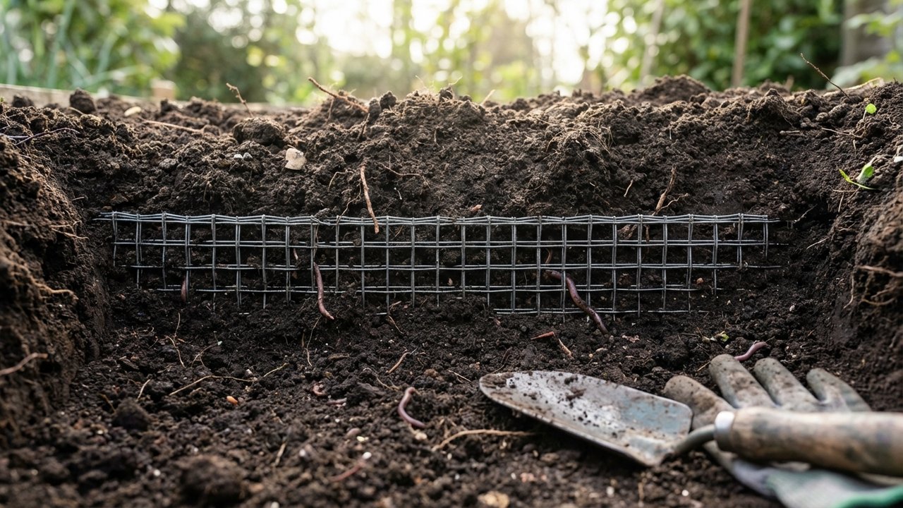 Installation d'une barrière de grillage protégeant le potager contre les fouisseurs
