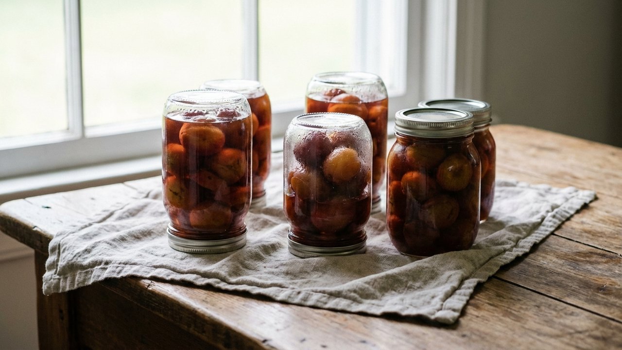 Bocaux de prunes retournés en phase de refroidissement