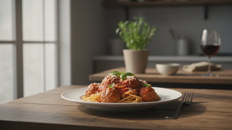 Boulettes de rôti de bœuf à la sauce tomate servies avec des pâtes