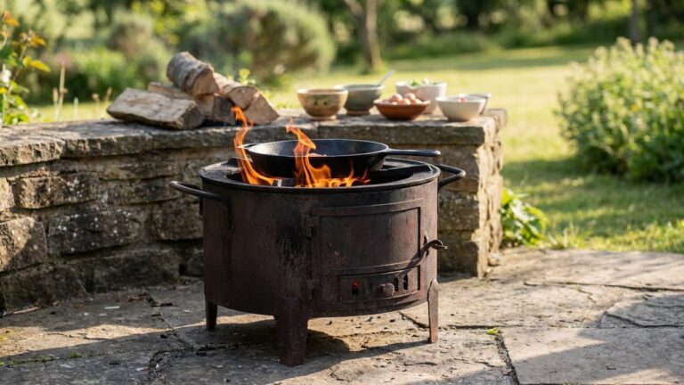 Brasero de cuisson moderne avec flames ouvertes sur une terrasse