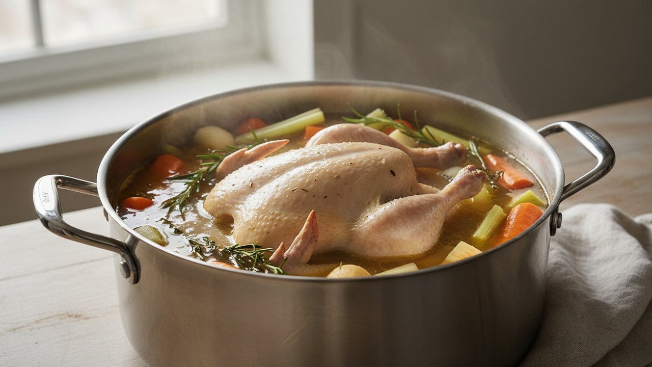Chapon farci en train de pocher dans un bouillon frémissant