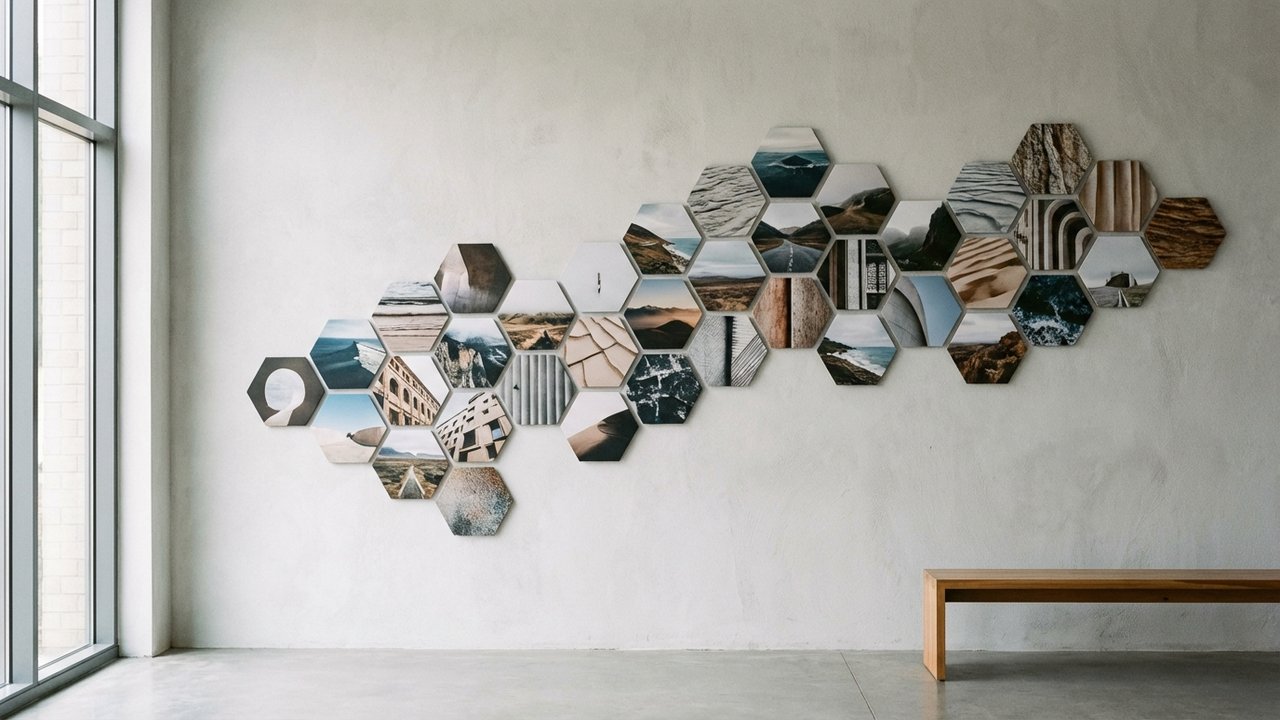 Collage de photos hexagonales de différentes tailles formant une décoration murale tendance