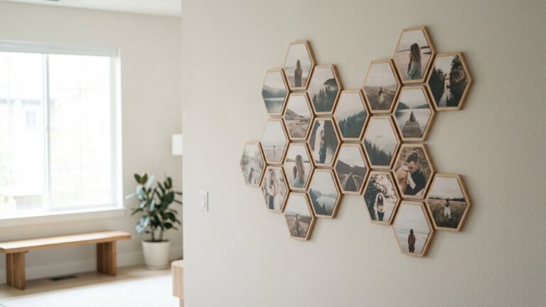Mur décoré avec des photos hexagonales disposées en composition géométrique
