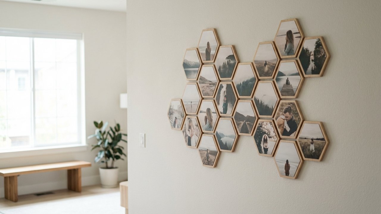 Mur décoré avec des photos hexagonales disposées en composition géométrique