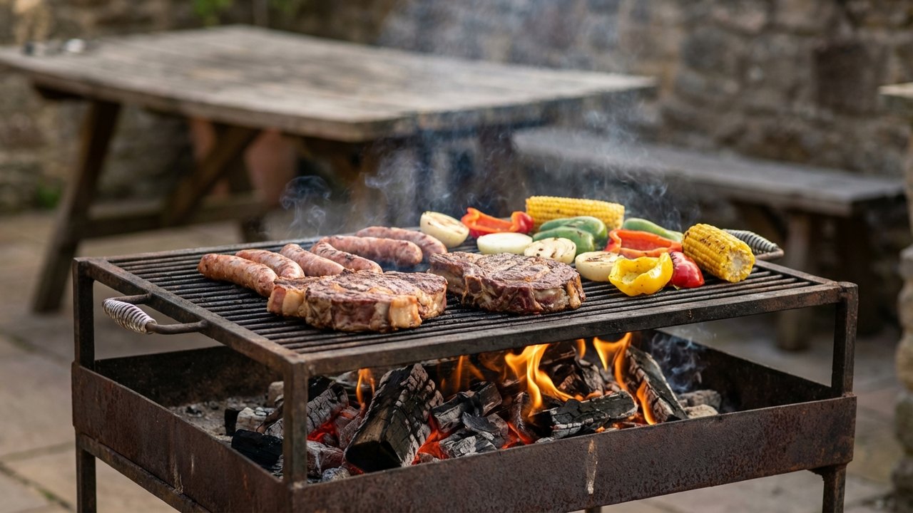 Viandes et légumes grillant sur les braises du brasero de cuisson