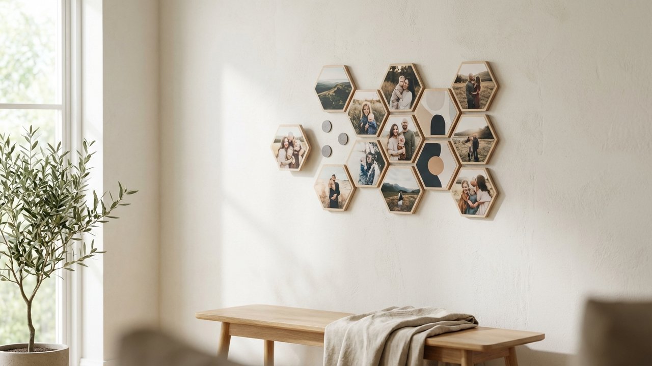 Hexagones photos fixés au mur avec système de fixation magnétique adhésive