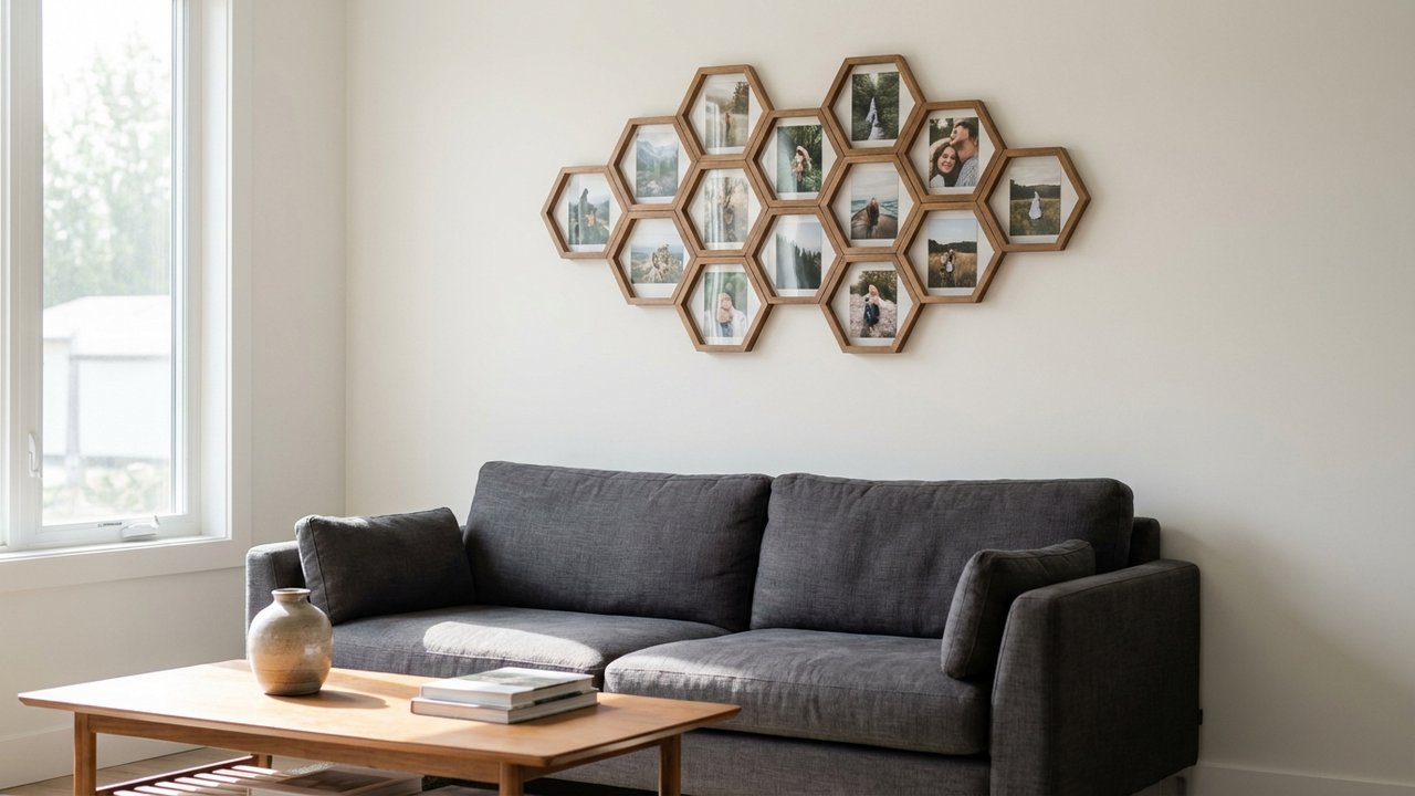 Composition murale hexagonale moderne au-dessus d'un canapé