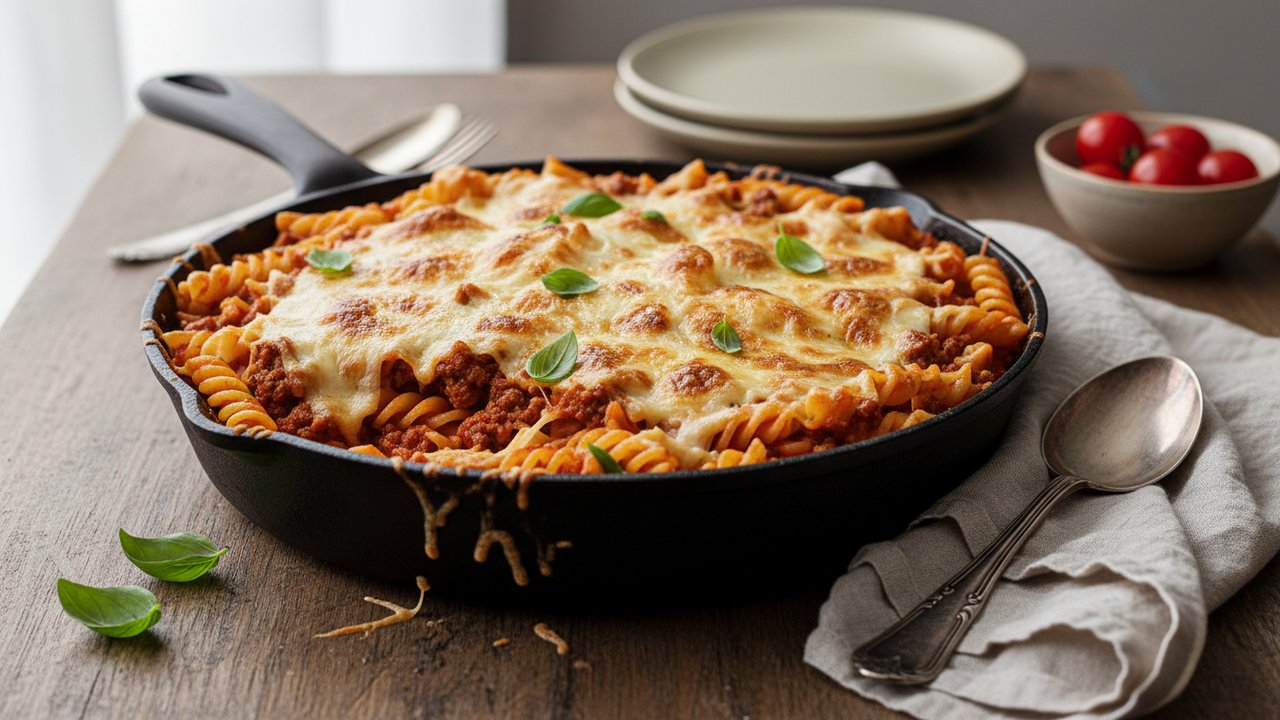 Penne gratinées à la mozzarella avec rôti de bœuf et sauce tomate