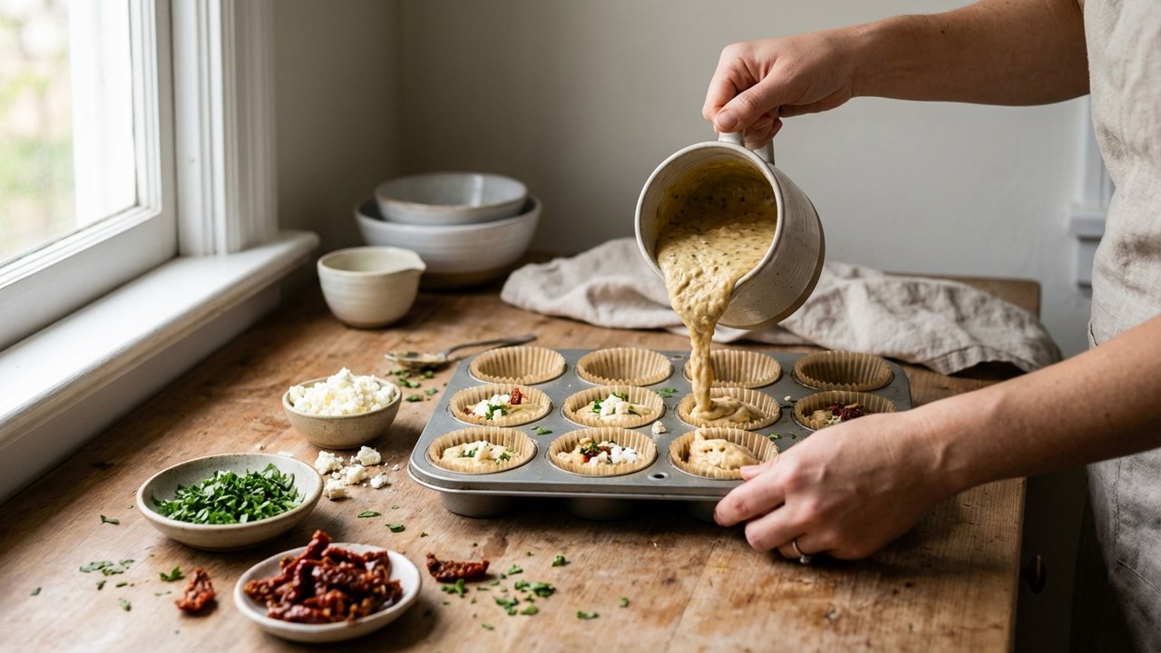 Préparation de la pâte à muffins salés versée dans un moule