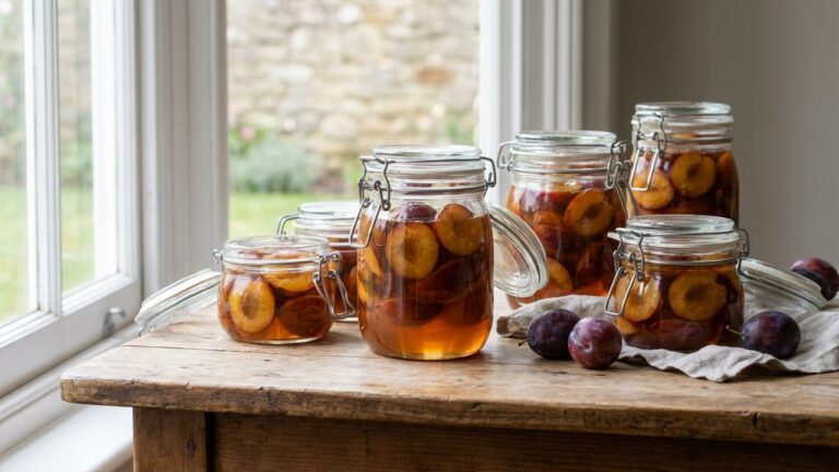 Bocaux de prunes au sirop doré