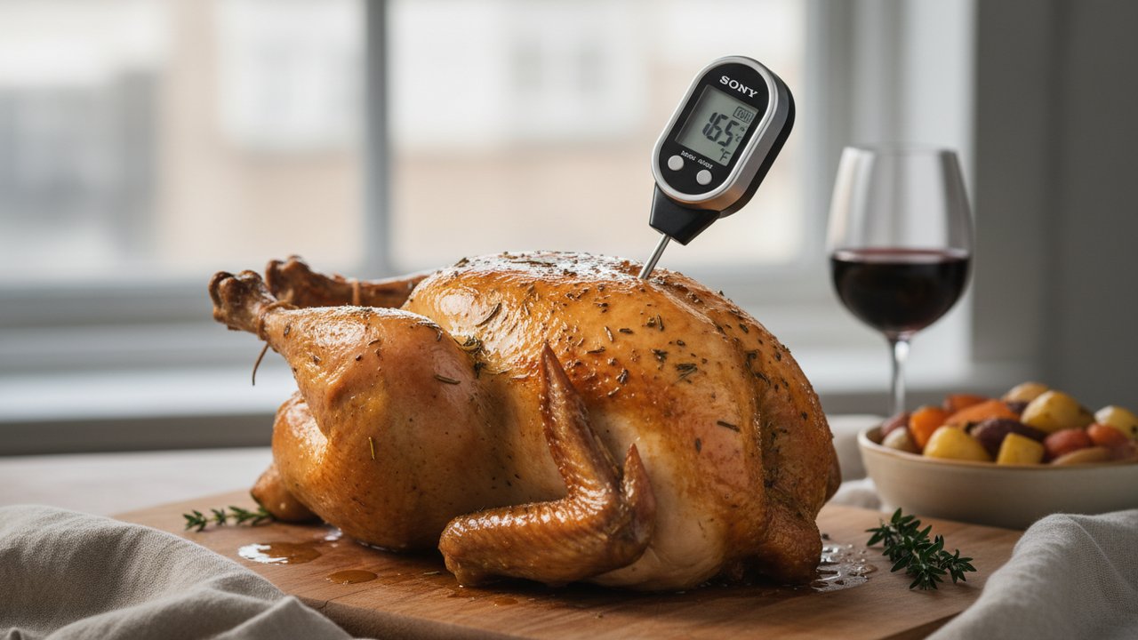 Vérification de la cuisson du chapon avec une sonde thermomètre