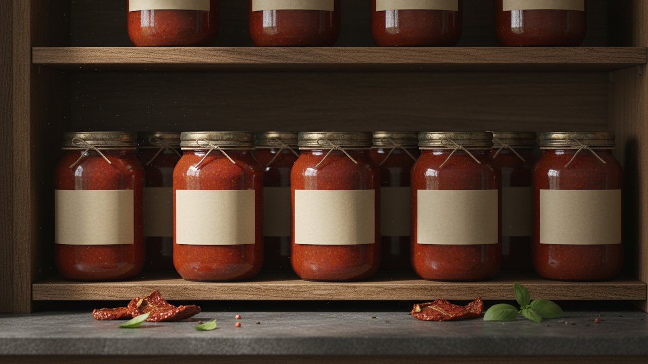 Bocaux étiquetés de conserve de sauce tomate stockés au frais