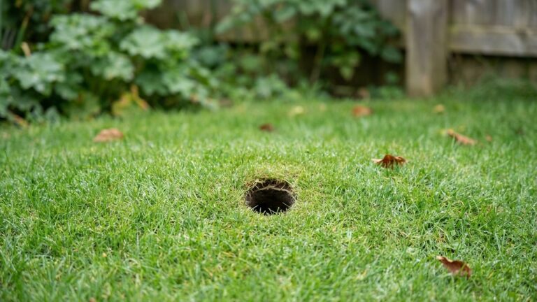 Trou dans la pelouse du jardin sans monticule de terre visible