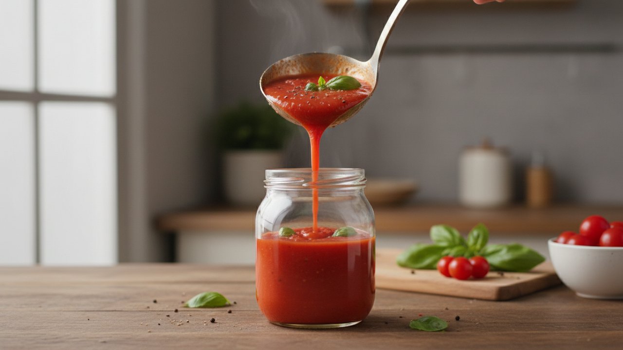 Versement de sauce tomate bouillante dans un bocal stérilisé