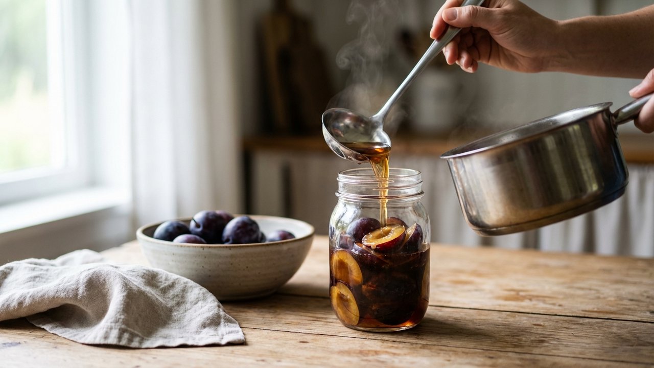 Versement du sirop bouillant sur les prunes