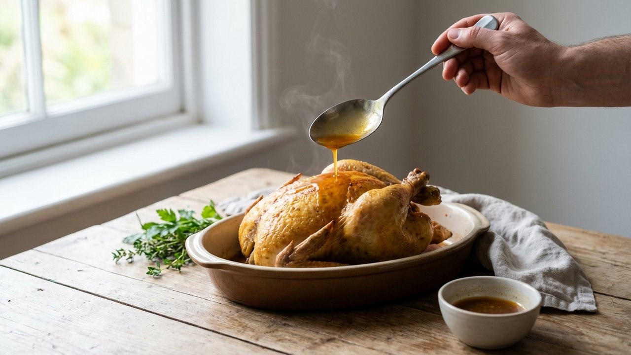 Arrosage d'un chapon avec le jus de cuisson pour le maintenir moelleux