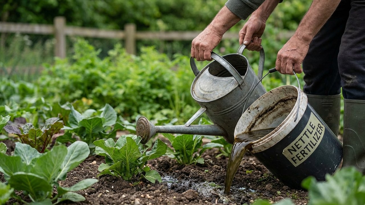 Arrosage au pied des plantes avec du purin d'ortie
