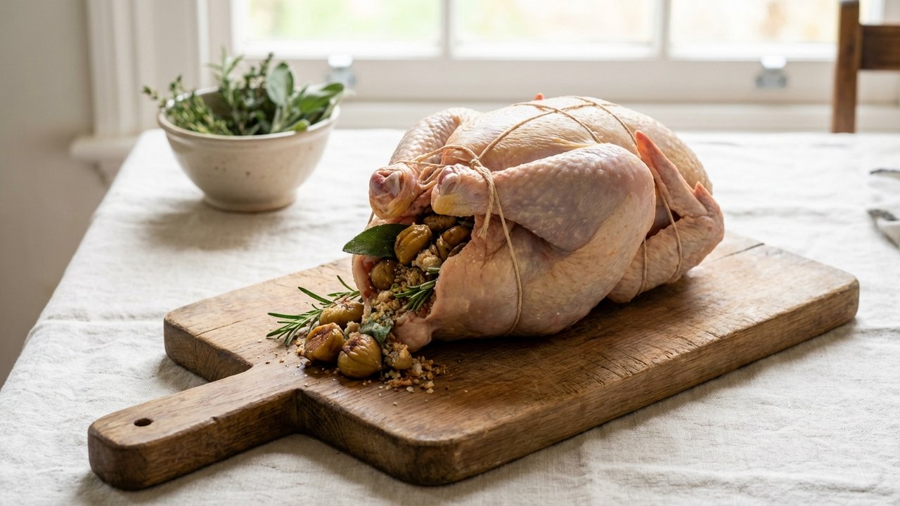 Chapon farci aux marrons et herbes prêt à être enfourné