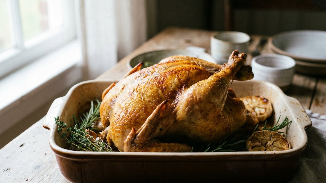 Chapon doré rôti au four avec herbes aromatiques