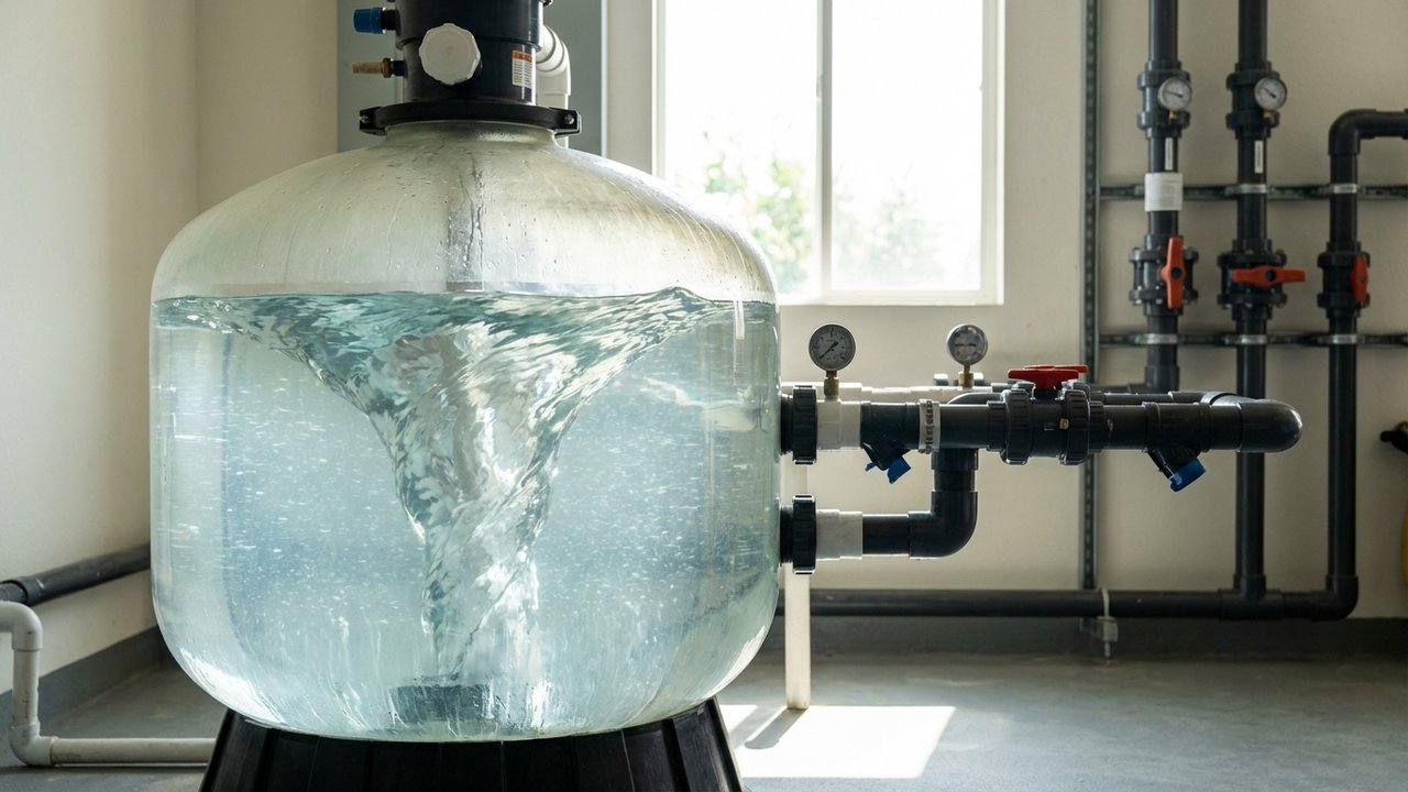 Circulation de l'eau dans le préfiltre après réamorçage d'une pompe de piscine