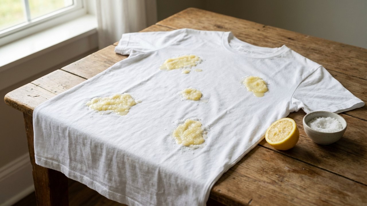 Traitement d'une tache sur t-shirt blanc avec citron et sel