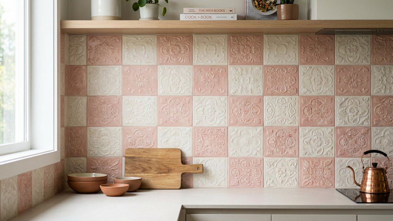 Crédence tendance avec damier rose poudré et reliefs en céramique 3D