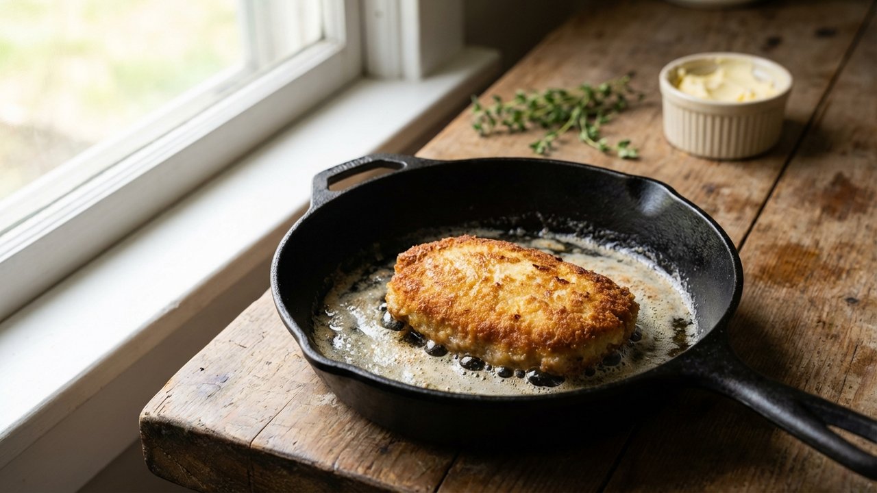 Cuisson d'un cordon bleu à la poêle avec beurre moussant