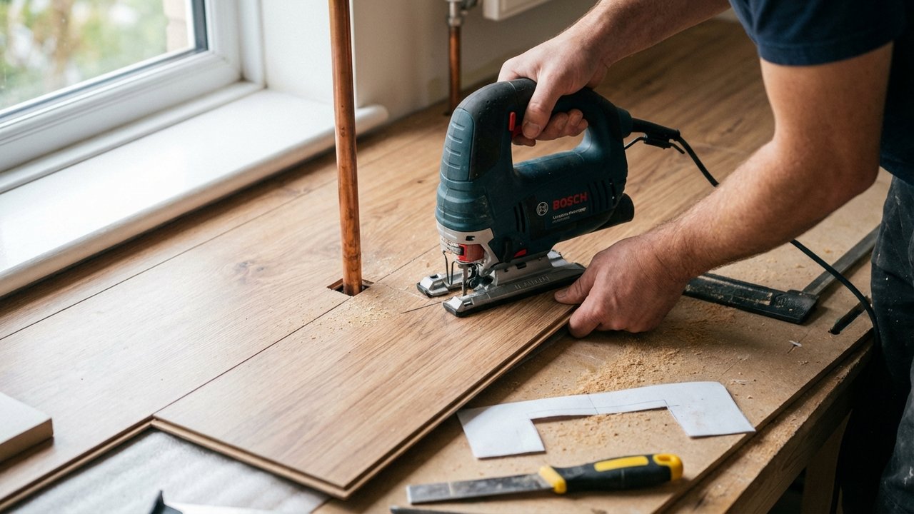 Découpe du parquet stratifié autour d'un tuyau de radiateur