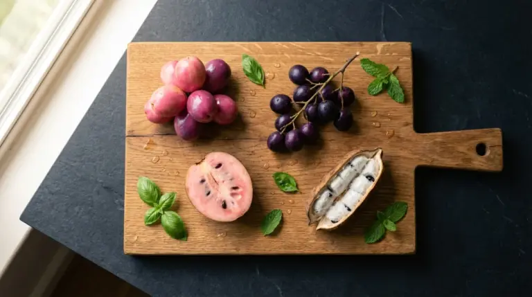 Fruits en I sur une planche à découper