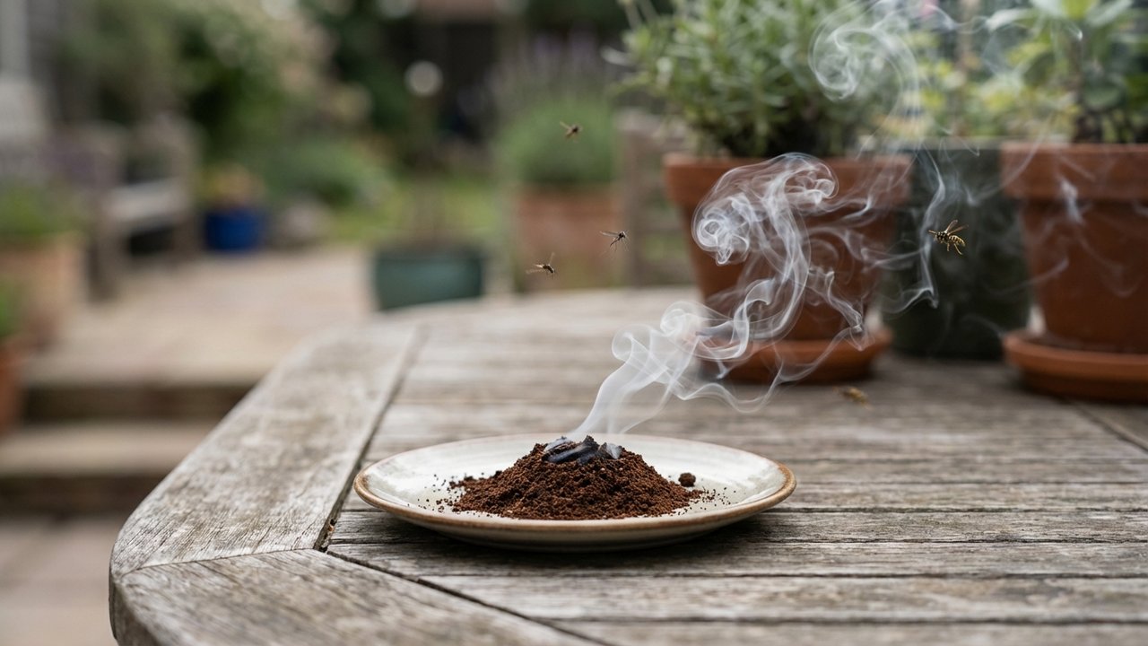 Fumée du marc de café brûlé pour repousser moustiques et guêpes