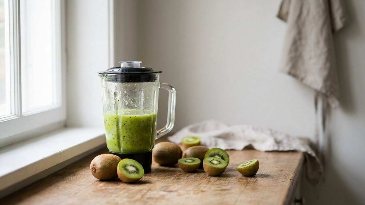 Jus de kiwi préparé au blender avec fruits frais