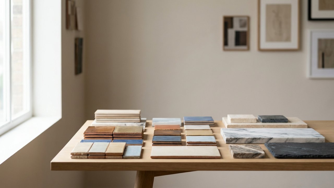 Échantillons de matériaux pour crédence : carrelage, stratifié et terracotta