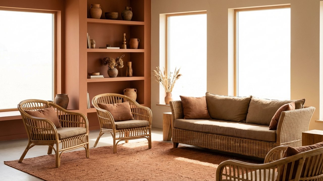 Meubles en rotin et osier dans un salon aux tons terracotta naturels