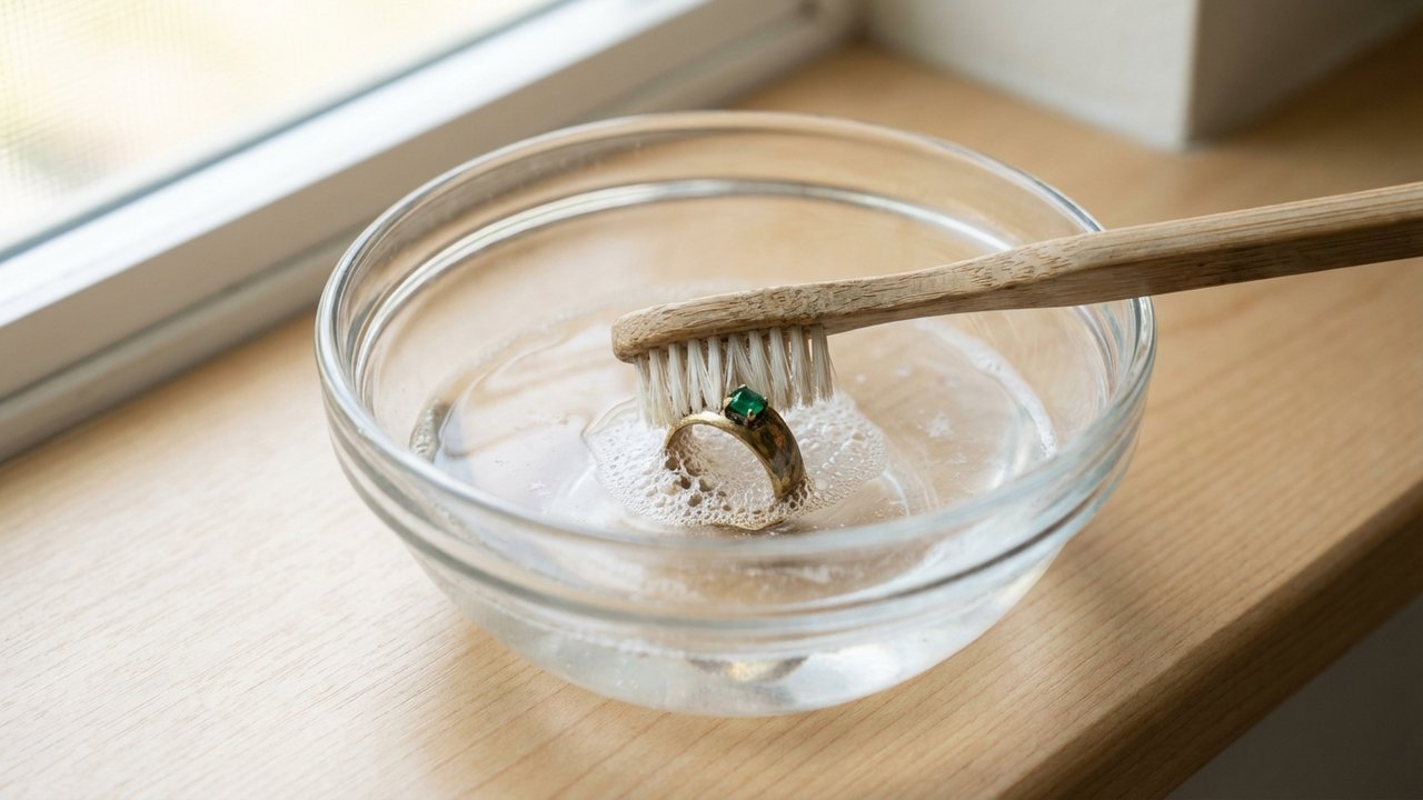 Nettoyage d'un bijou en or avec une brosse à poils souples