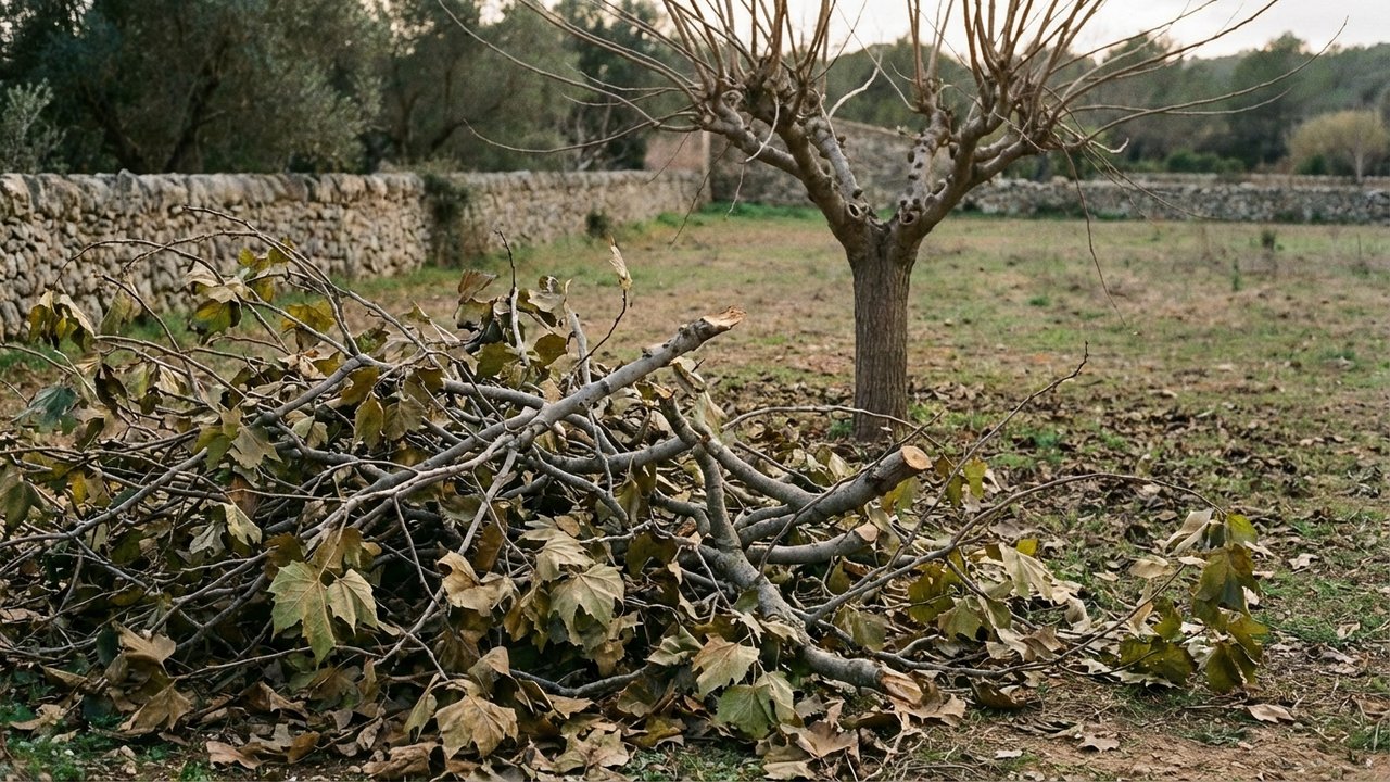 Ramassage des feuilles et branches après la taille du mûrier platane