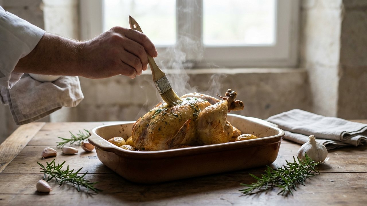 Arrosage d'une pintade au four pour la maintenir moelleuse