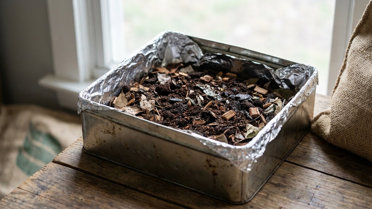 Préparation du marc de café dans un récipient métallique avant allumage