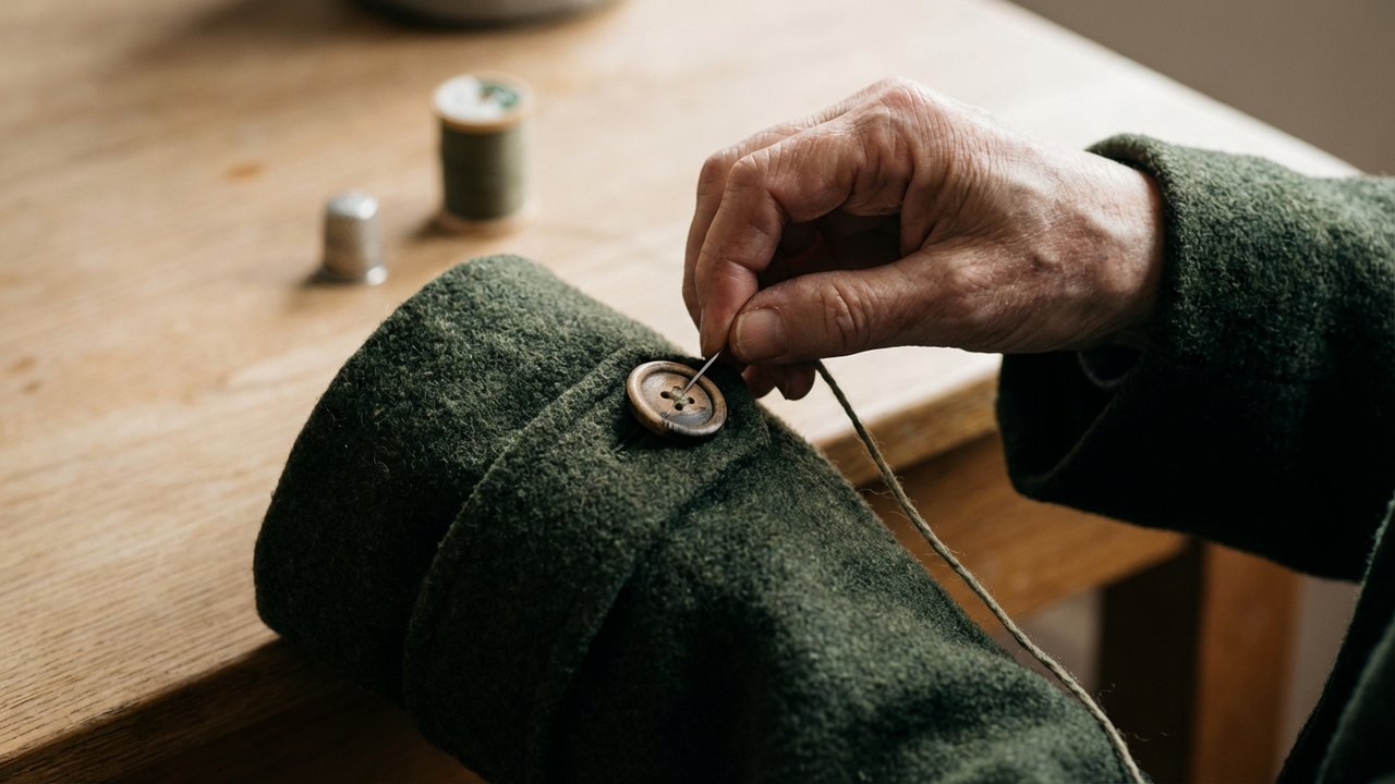 Recoudre un bouton de manteau avec une aiguille et du fil