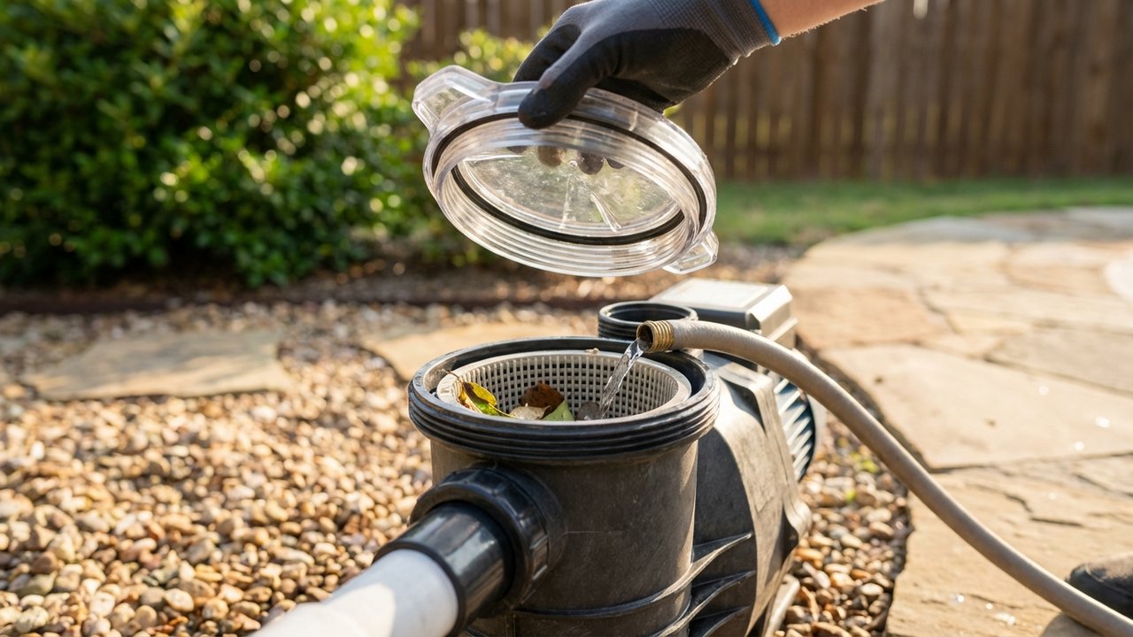 Remplissage du préfiltre d'une pompe de piscine située au-dessus de la ligne d'eau