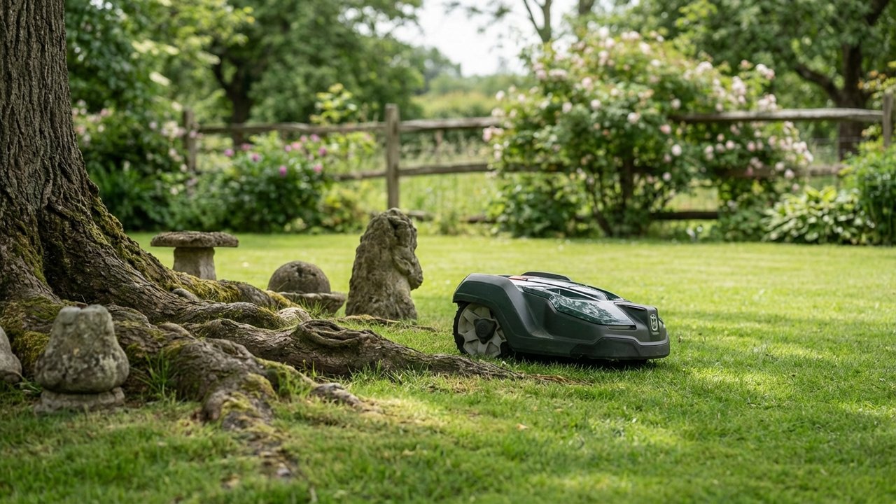 Robot tondeuse contournant des obstacles et arbres en terrain complexe