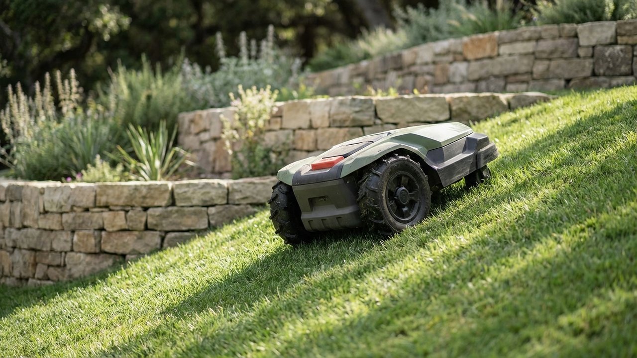 Robot tondeuse montant une pente dans un jardin en terrain incliné