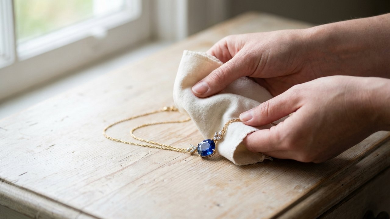 Séchage minutieux d'un collier en or avec pierre précieuse