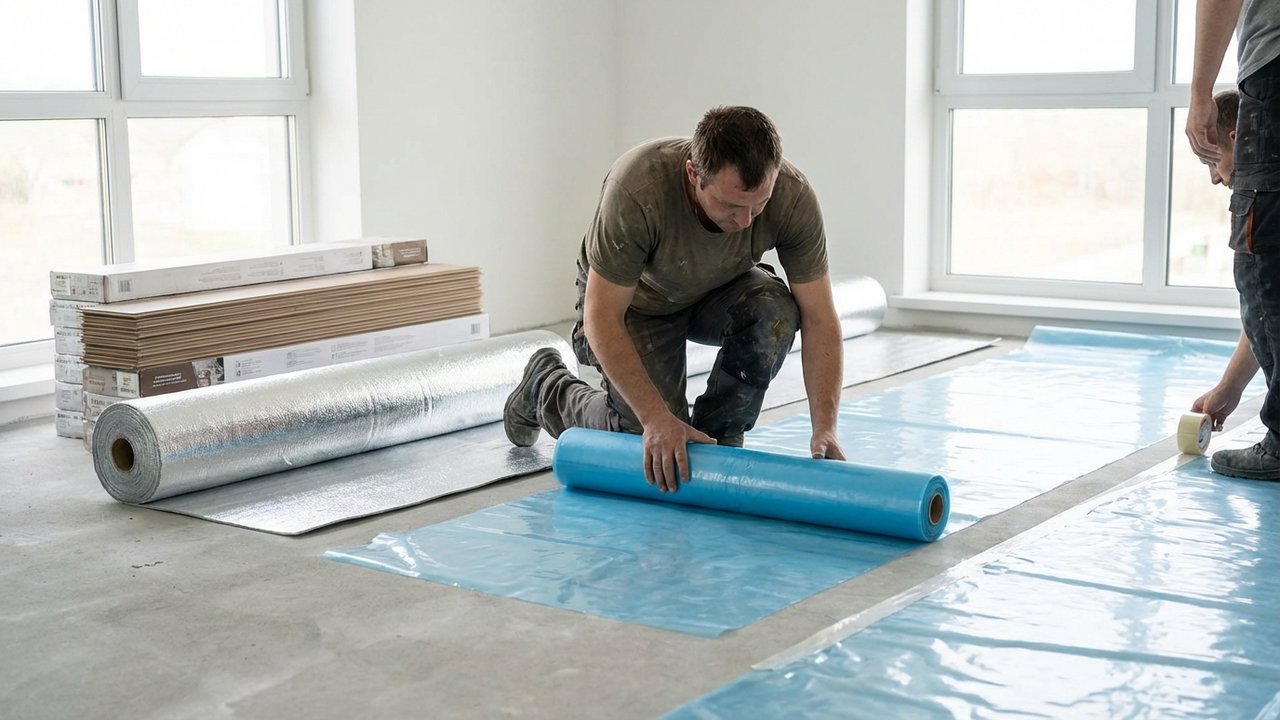 Installation de la sous-couche et du pare-vapeur avant la pose du parquet