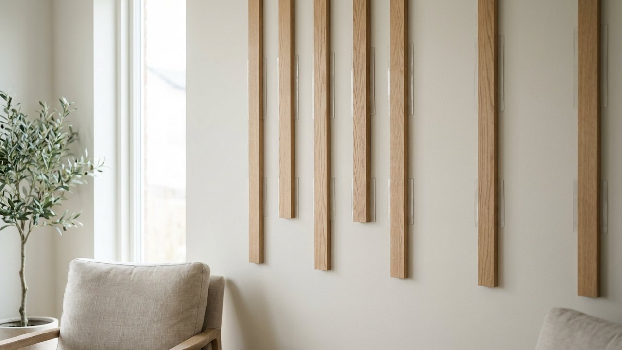 Panneaux tasseaux bois posés sur un mur intérieur